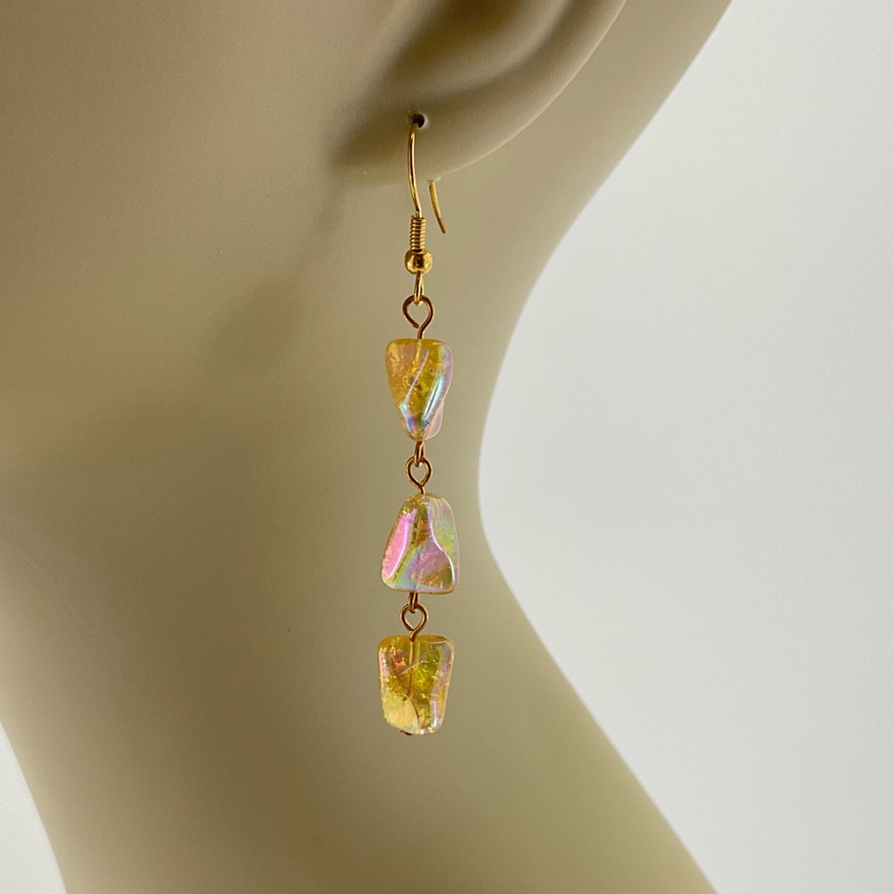Yellow Aurora Borealis Twist Bead Earrings, Handmade, Celestial, 2.75" L